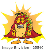 #25540 Clip Art Graphic Of A Crunchy Hard Taco Character Dressed As A Super Hero