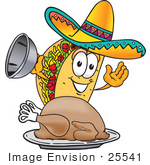 #25541 Clip Art Graphic Of A Crunchy Hard Taco Character Serving A Thanksgiving Turkey On A Platter