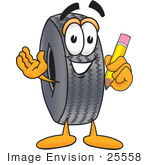 #25558 Clip Art Graphic Of A Tire Character Holding A Pencil