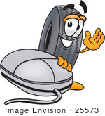 #25573 Clip Art Graphic Of A Tire Character With A Computer Mouse