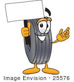 #25576 Clip Art Graphic Of A Tire Character Holding A Blank Sign