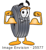 #25577 Clip Art Graphic Of A Tire Character Flexing His Arm Muscles