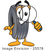 #25578 Clip Art Graphic Of A Tire Character Looking Through A Magnifying Glass