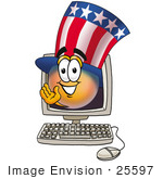 #25597 Clip Art Graphic Of A Patriotic Uncle Sam Character Waving From Inside A Computer Screen