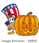 #25605 Clip Art Graphic Of A Patriotic Uncle Sam Character With A Carved Halloween Pumpkin