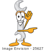 #25627 Clip Art Graphic Of A Wrench Tool Character Waving And Pointing