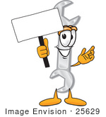 #25629 Clip Art Graphic Of A Wrench Tool Character Holding A Blank Sign