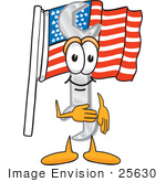 #25630 Clip Art Graphic Of A Wrench Tool Character Pledging Allegiance To An American Flag