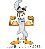 #25631 Clip Art Graphic Of A Wrench Tool Character Flexing His Arm Muscles