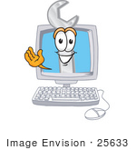 #25633 Clip Art Graphic Of A Wrench Tool Character Waving From Inside A Computer Screen