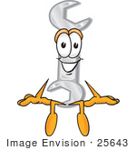 #25643 Clip Art Graphic Of A Wrench Tool Character Sitting