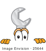 #25644 Clip Art Graphic Of A Wrench Tool Character Peeking Over A Surface