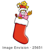 #25651 Clip Art Graphic Of A Pink Vase And Yellow Flowers Cartoon Character Wearing A Santa Hat Inside A Red Christmas Stocking