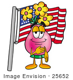 #25652 Clip Art Graphic Of A Pink Vase And Yellow Flowers Cartoon Character Pledging Allegiance To An American Flag