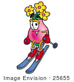 #25655 Clip Art Graphic Of A Pink Vase And Yellow Flowers Cartoon Character Skiing Downhill