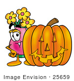 #25659 Clip Art Graphic Of A Pink Vase And Yellow Flowers Cartoon Character With A Carved Halloween Pumpkin