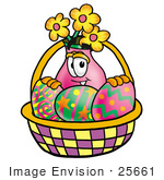 #25661 Clip Art Graphic Of A Pink Vase And Yellow Flowers Cartoon Character In An Easter Basket Full Of Decorated Easter Eggs