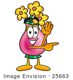 #25663 Clip Art Graphic Of A Pink Vase And Yellow Flowers Cartoon Character Waving And Pointing