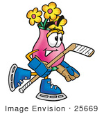 #25669 Clip Art Graphic Of A Pink Vase And Yellow Flowers Cartoon Character Playing Ice Hockey