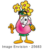 #25683 Clip Art Graphic Of A Pink Vase And Yellow Flowers Cartoon Character Looking Through A Magnifying Glass