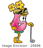 #25696 Clip Art Graphic Of A Pink Vase And Yellow Flowers Cartoon Character Leaning On A Golf Club While Golfing