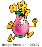 #25697 Clip Art Graphic Of A Pink Vase And Yellow Flowers Cartoon Character Running