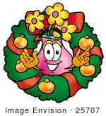 #25707 Clip Art Graphic Of A Pink Vase And Yellow Flowers Cartoon Character In The Center Of A Christmas Wreath