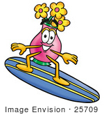 #25709 Clip Art Graphic Of A Pink Vase And Yellow Flowers Cartoon Character Surfing On A Blue And Yellow Surfboard