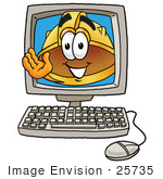 #25735 Clip Art Graphic Of A Yellow Safety Hardhat Cartoon Character Waving From Inside A Computer Screen