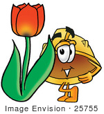 #25755 Clip Art Graphic Of A Yellow Safety Hardhat Cartoon Character With A Red Tulip Flower In The Spring