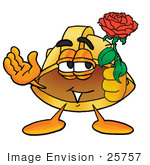 #25757 Clip Art Graphic Of A Yellow Safety Hardhat Cartoon Character Holding A Red Rose On Valentines Day