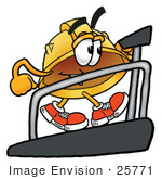 #25771 Clip Art Graphic Of A Yellow Safety Hardhat Cartoon Character Walking On A Treadmill In A Fitness Gym