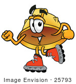 #25793 Clip Art Graphic Of A Yellow Safety Hardhat Cartoon Character Roller Blading On Inline Skates