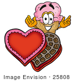#25808 Clip Art Graphic Of A Strawberry Ice Cream Cone Cartoon Character With An Open Box Of Valentines Day Chocolate Candies