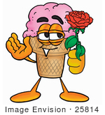 #25814 Clip Art Graphic Of A Strawberry Ice Cream Cone Cartoon Character Holding A Red Rose On Valentines Day