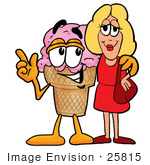 #25815 Clip Art Graphic Of A Strawberry Ice Cream Cone Cartoon Character Talking To A Pretty Blond Woman