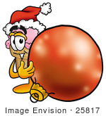 #25817 Clip Art Graphic Of A Strawberry Ice Cream Cone Cartoon Character Wearing A Santa Hat Standing With A Christmas Bauble