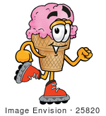 #25820 Clip Art Graphic Of A Strawberry Ice Cream Cone Cartoon Character Roller Blading On Inline Skates