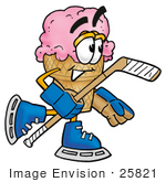 #25821 Clip Art Graphic Of A Strawberry Ice Cream Cone Cartoon Character Playing Ice Hockey