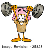 #25823 Clip Art Graphic Of A Strawberry Ice Cream Cone Cartoon Character Holding A Heavy Barbell Above His Head