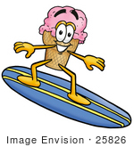 #25826 Clip Art Graphic Of A Strawberry Ice Cream Cone Cartoon Character Surfing On A Blue And Yellow Surfboard