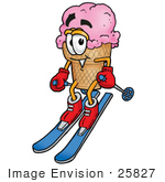 #25827 Clip Art Graphic Of A Strawberry Ice Cream Cone Cartoon Character Skiing Downhill