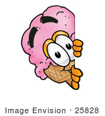 #25828 Clip Art Graphic Of A Strawberry Ice Cream Cone Cartoon Character Peeking Around A Corner