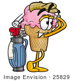 #25829 Clip Art Graphic Of A Strawberry Ice Cream Cone Cartoon Character Swinging His Golf Club While Golfing