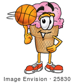 #25830 Clip Art Graphic Of A Strawberry Ice Cream Cone Cartoon Character Spinning A Basketball On His Finger