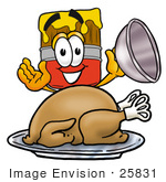 #25831 Clip Art Graphic Of A Red Paintbrush With Yellow Paint Cartoon Character Serving A Thanksgiving Turkey On A Platter