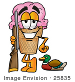 #25835 Clip Art Graphic Of A Strawberry Ice Cream Cone Cartoon Character Duck Hunting Standing With A Rifle And Duck