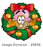 #25836 Clip Art Graphic Of A Strawberry Ice Cream Cone Cartoon Character In The Center Of A Christmas Wreath