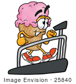 #25840 Clip Art Graphic Of A Strawberry Ice Cream Cone Cartoon Character Walking On A Treadmill In A Fitness Gym