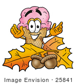 #25841 Clip Art Graphic Of A Strawberry Ice Cream Cone Cartoon Character With Autumn Leaves And Acorns In The Fall